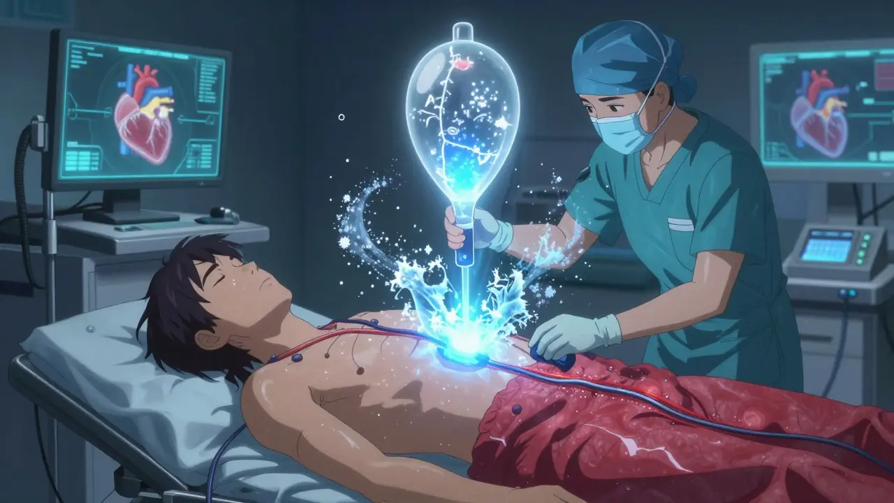 Cryoablation procedure with frosty blue balloon catheter and holographic heart mapping in anime style