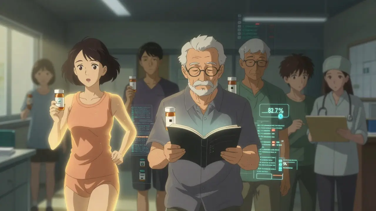 Diverse patients glow with stable health energy as study data flows around them.