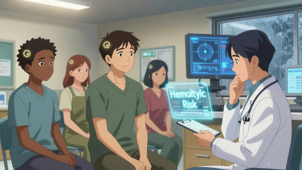 Diverse patients in a clinic, each marked by a glowing G6PD deficiency symbol, as a doctor hesitates over a prescription.