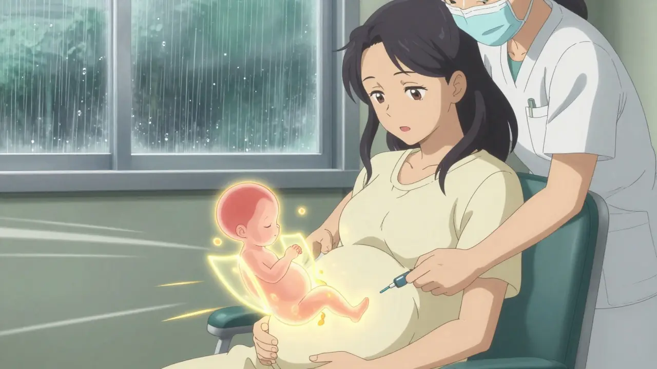 Expectant mother at 28 weeks getting Tdap vaccine, golden antibodies illuminating her womb.