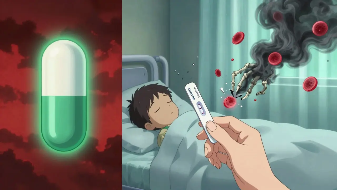 Fosfomycin capsule glowing safely beside a shattered nitrofurantoin pill, with a baby sleeping and a G6PD test result in the background.