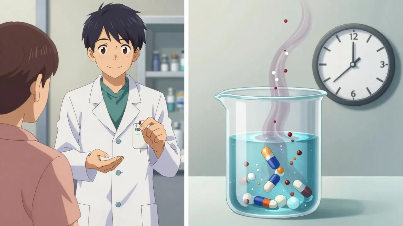 Generic HIV pill dissolving in a beaker, revealing uneven chemical particles swirling inside.