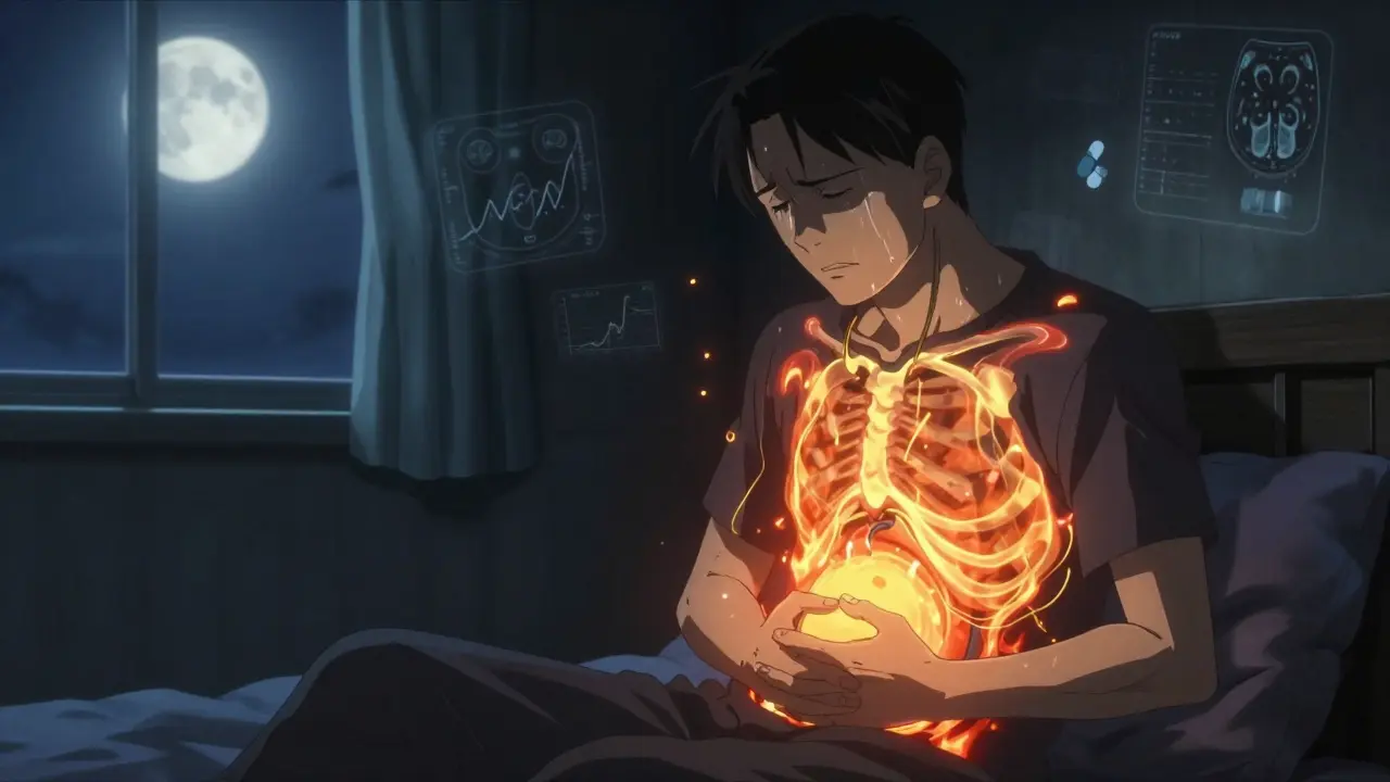 Man at night clutching his abdomen, ghostly bile acids swirling under skin, intense itching visualized as golden threads.