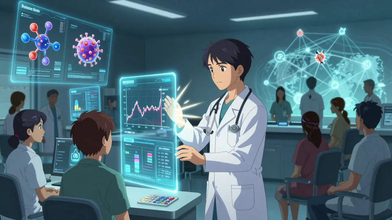 Medical team adjusting HIV drug doses using real-time TDM data in a glowing digital control room.