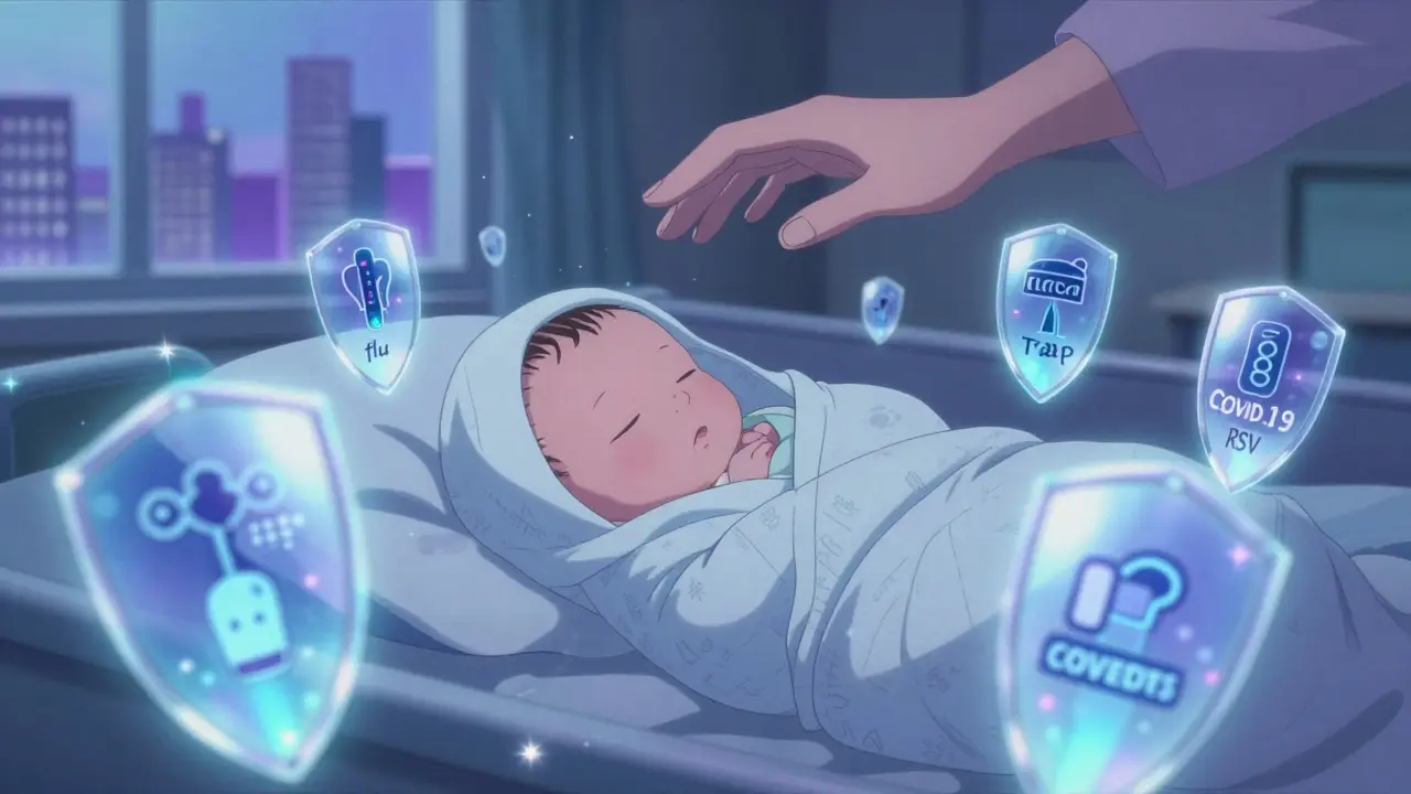 Newborn protected by floating antibody shields from maternal vaccines, mother’s hand reaching down.