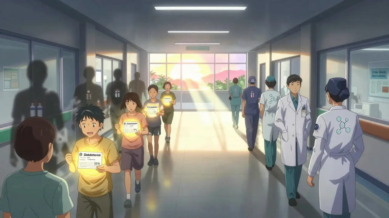 Patients walk down a luminous hospital hallway with penicillin prescriptions, as outdated antibiotics fade into smoke behind them.