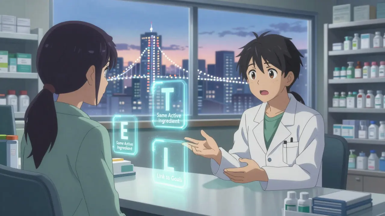 Pharmacist counseling a patient with floating TELL framework icons glowing around them, symbolizing trust and understanding in generic medication.