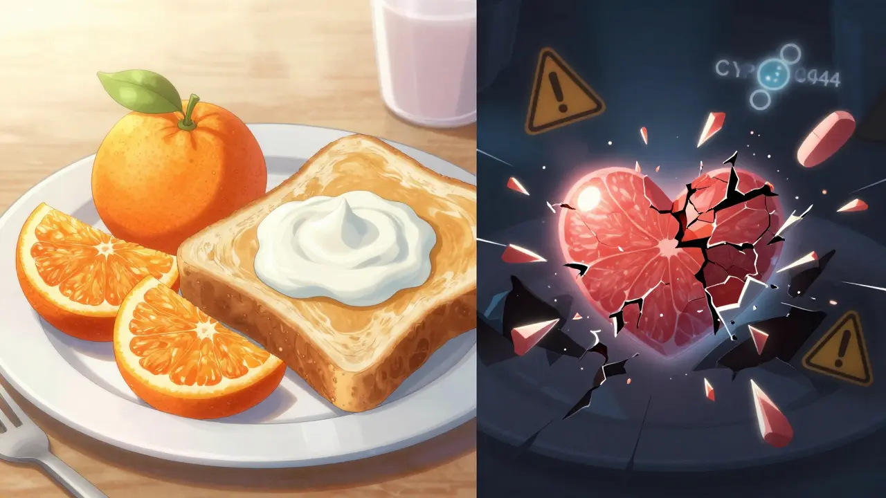 Split scene: healthy citrus breakfast vs. grapefruit exploding into shards piercing a heart-shaped pill.