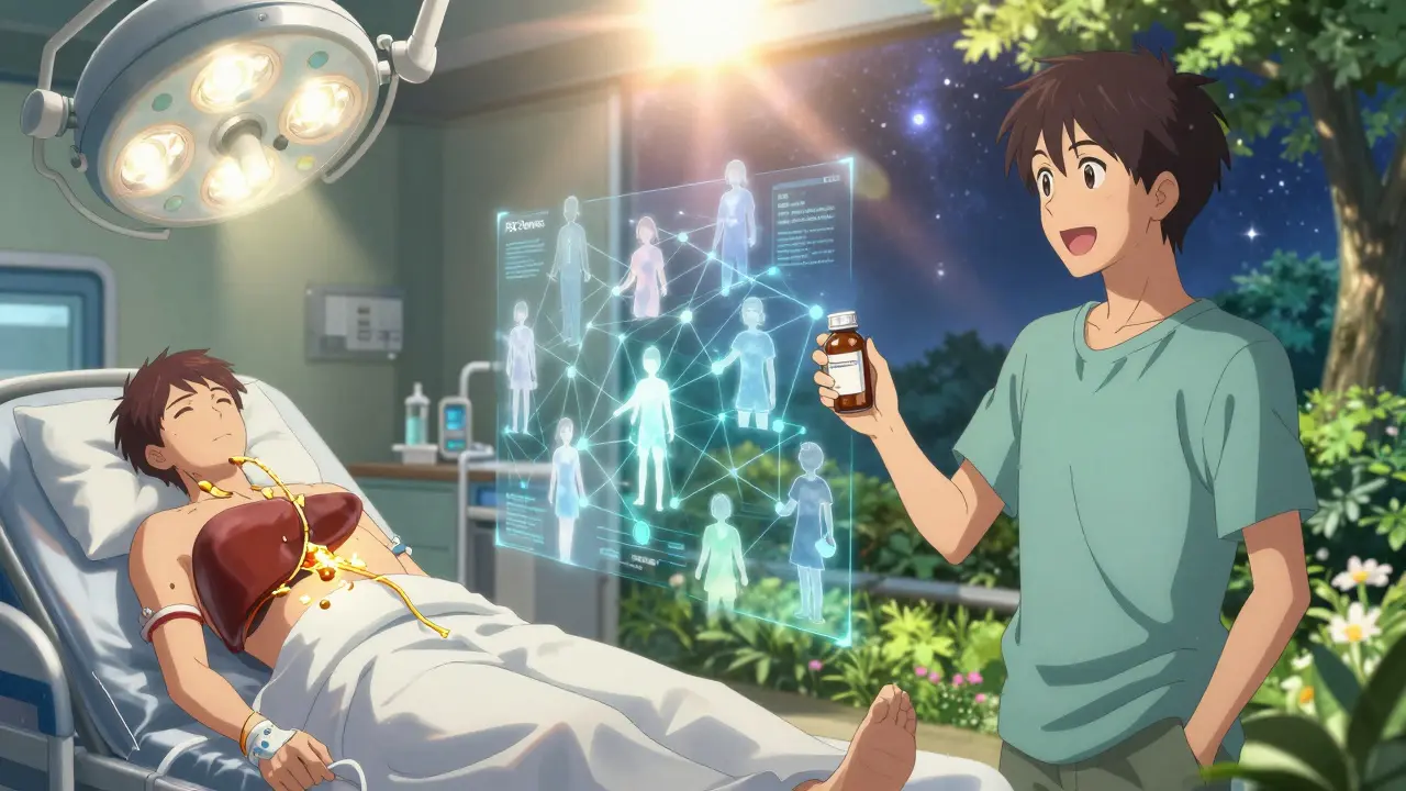Split scene: liver transplant on left, patient thriving in garden with digital patient network above on right.