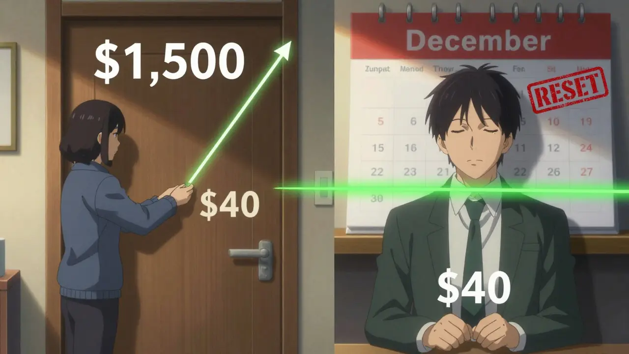 Split scene showing high therapy costs before deductible and lower costs after, with calendar resetting to January.