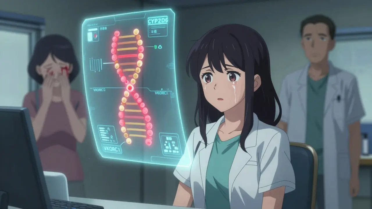 Woman in doctor's office with holographic genome map showing gene variants and ghostly family members behind her.
