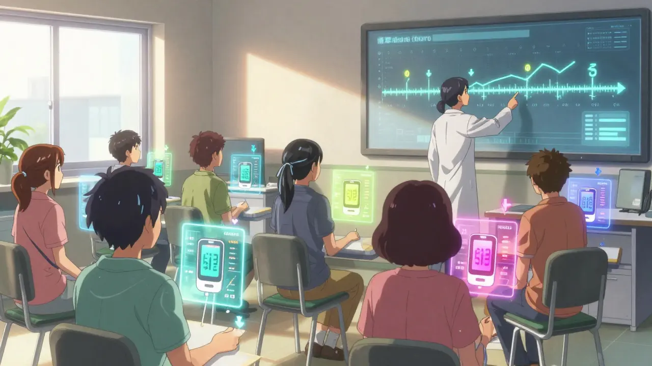 A diabetes educator points to floating trend arrows and glucose data timelines as patients watch in a sunlit clinic.