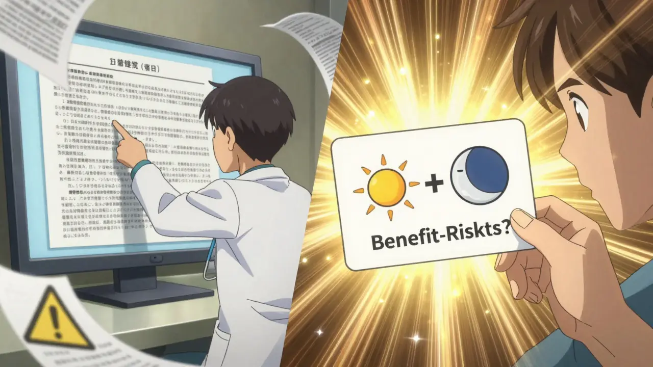 A doctor faces dense medical text while a patient holds a clear benefit-risk card with simple icons.