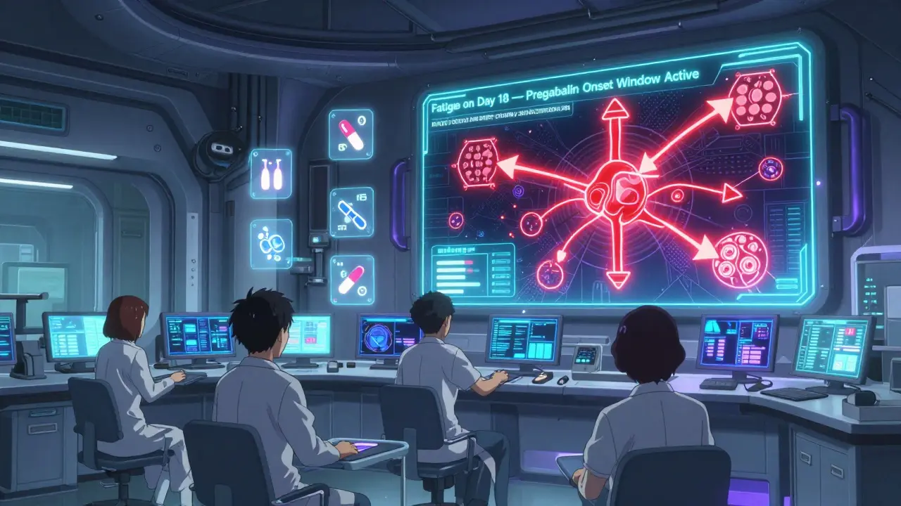 A hospital control room with holographic alerts tracking drug side effect timing based on patient symptoms.