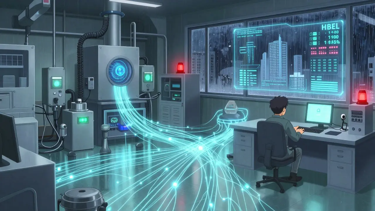 A neural network of data streams and holograms monitors contamination risks in a pharmaceutical facility under FDA scrutiny.