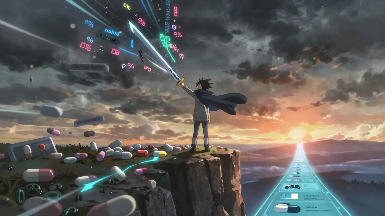 A patient battles confusing drug data with a sword labeled 'Ask Your Doctor,' on a path toward clarity.