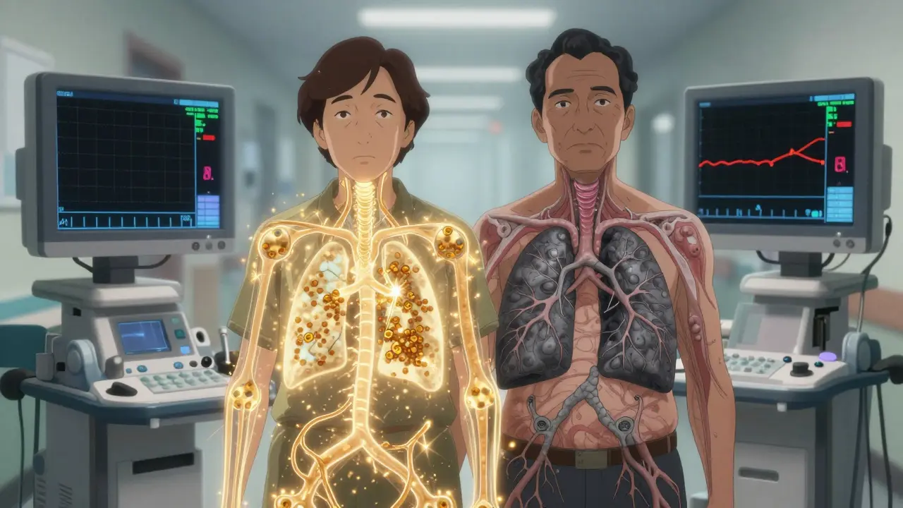 A patient with overlapping asthma and COPD lung pathways, standing between medical scanners as mist fades behind.