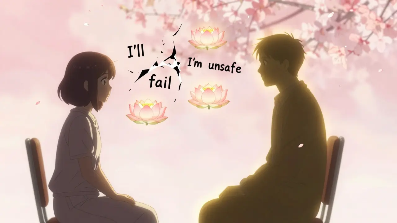 A person in CBT therapy as negative thoughts transform into blooming lotus flowers.