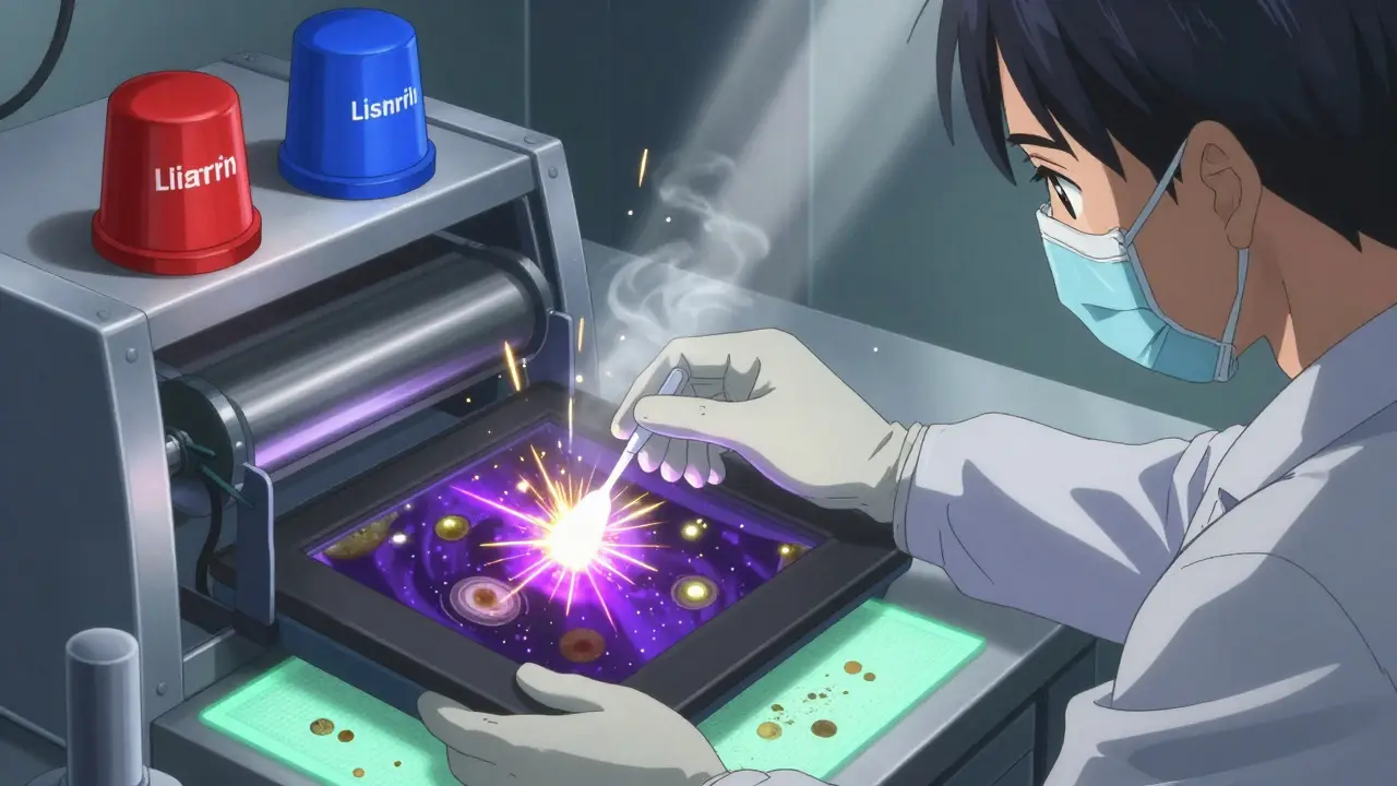 A technician's gloved hand tests a color-coded tablet press, with glowing microbial detection sparks illuminating the scene.