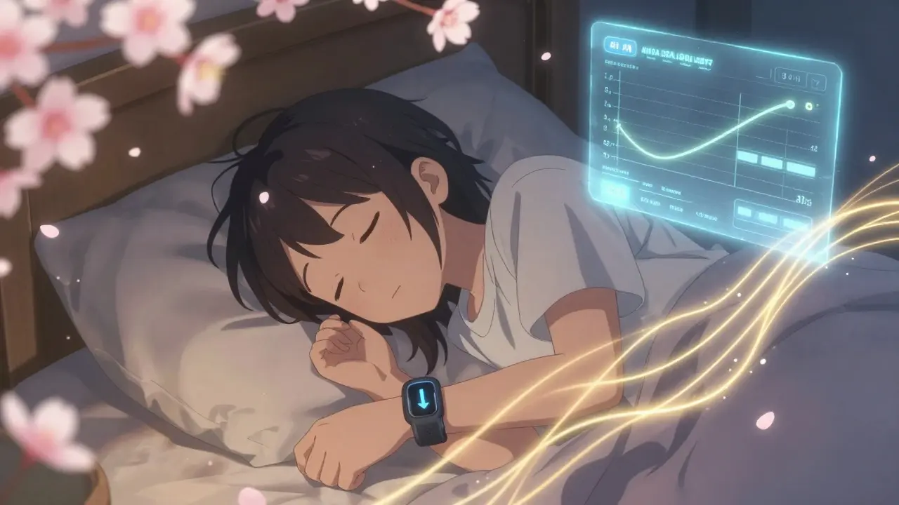 A teen sleeps peacefully as a translucent AI interface gently adjusts their insulin, with glowing glucose particles floating around.