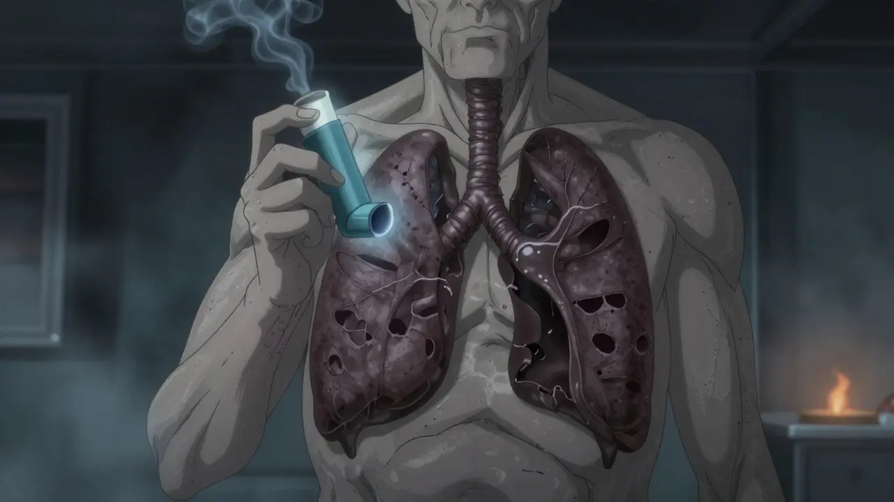 An older man with damaged, collapsed lung tissue and thick mucus, holding an inhaler in a smoky room.