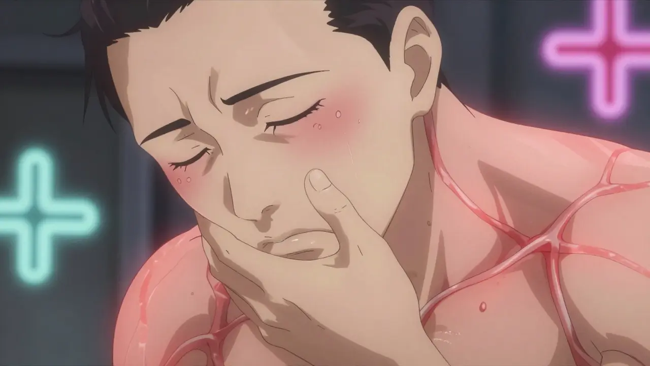 Close-up of person with early lactic acidosis symptoms and red glowing aura