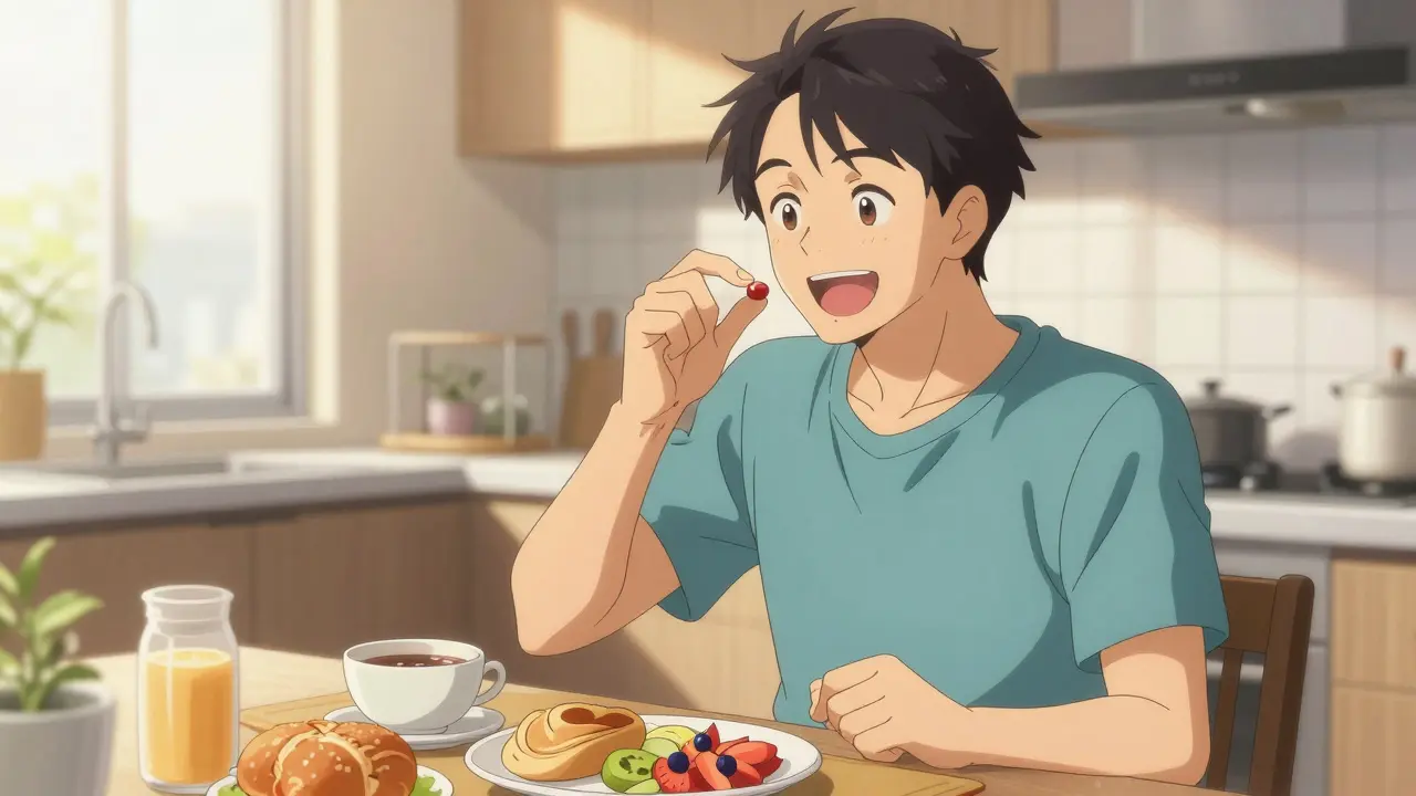 Man taking oral testosterone capsule with high-fat breakfast in kitchen