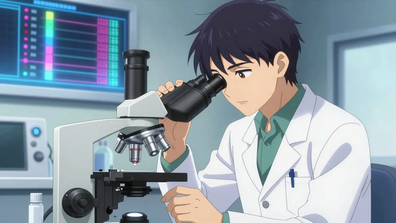 Medical professional examining blood samples in lab with hormone charts