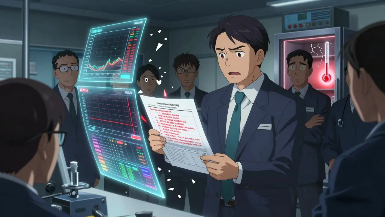 Quality manager facing FDA inspectors as validation data disintegrates into red warning glyphs in a lab.