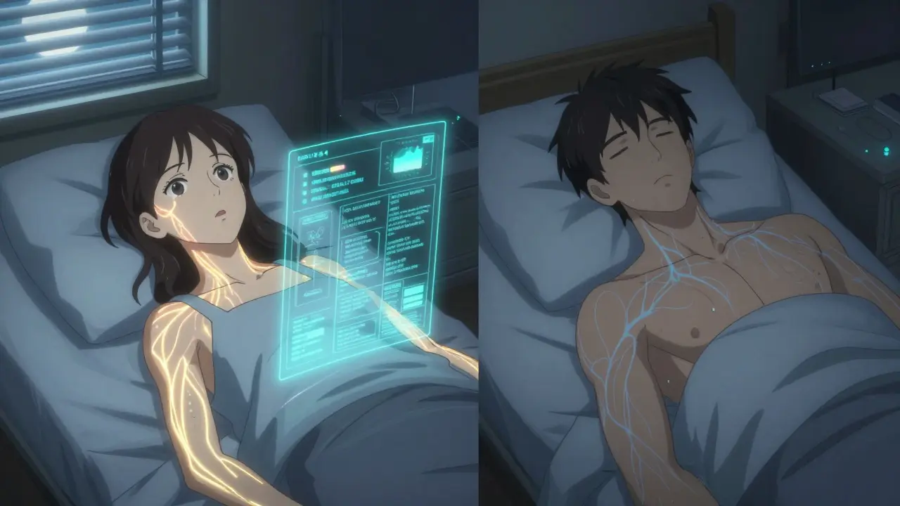 Two patients in bed, each with glowing nerve patterns showing how side effects appear faster in women than men.