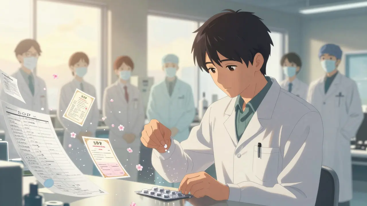 Worker placing a pill as floating documents and logs shimmer like cherry blossoms around them.