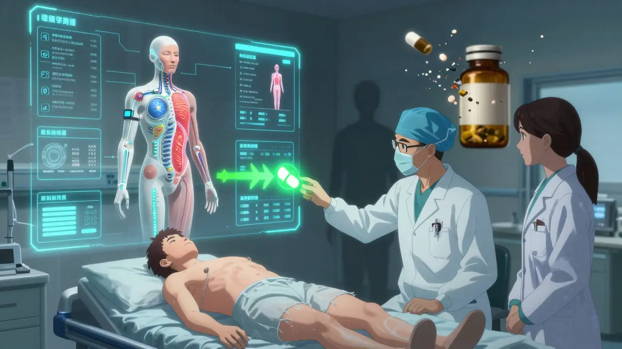 A futuristic AI system calculating personalized drug dosage using real-time patient data.