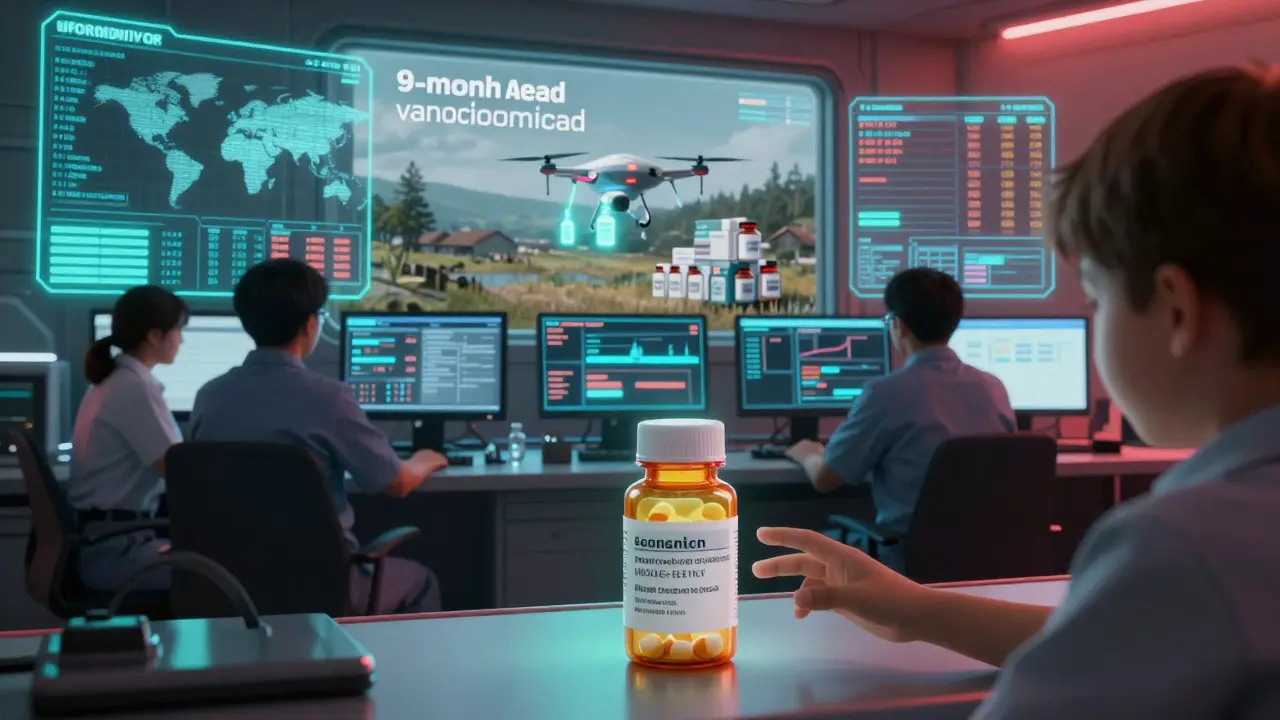 A futuristic control room with analysts monitoring holographic drug supply data, a drone delivering medicine.