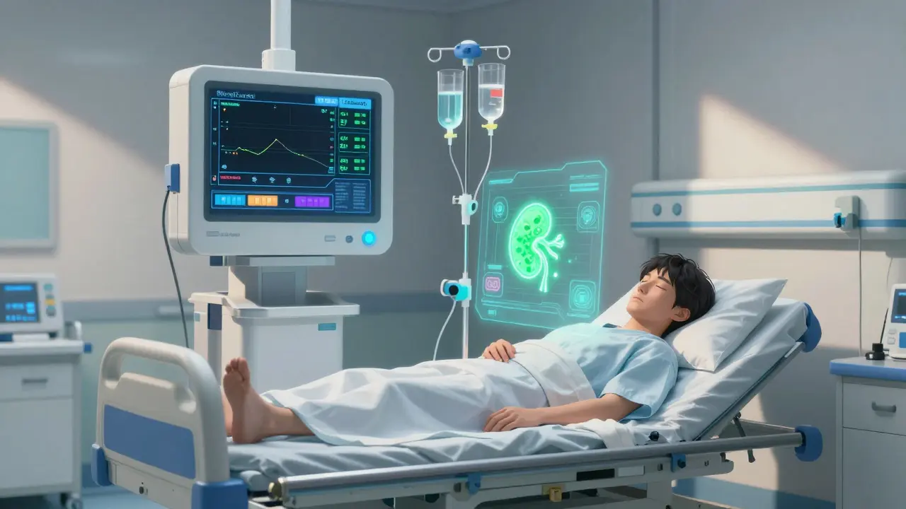 A high-tech RenalGuard system monitoring and adjusting IV fluid flow for kidney protection.