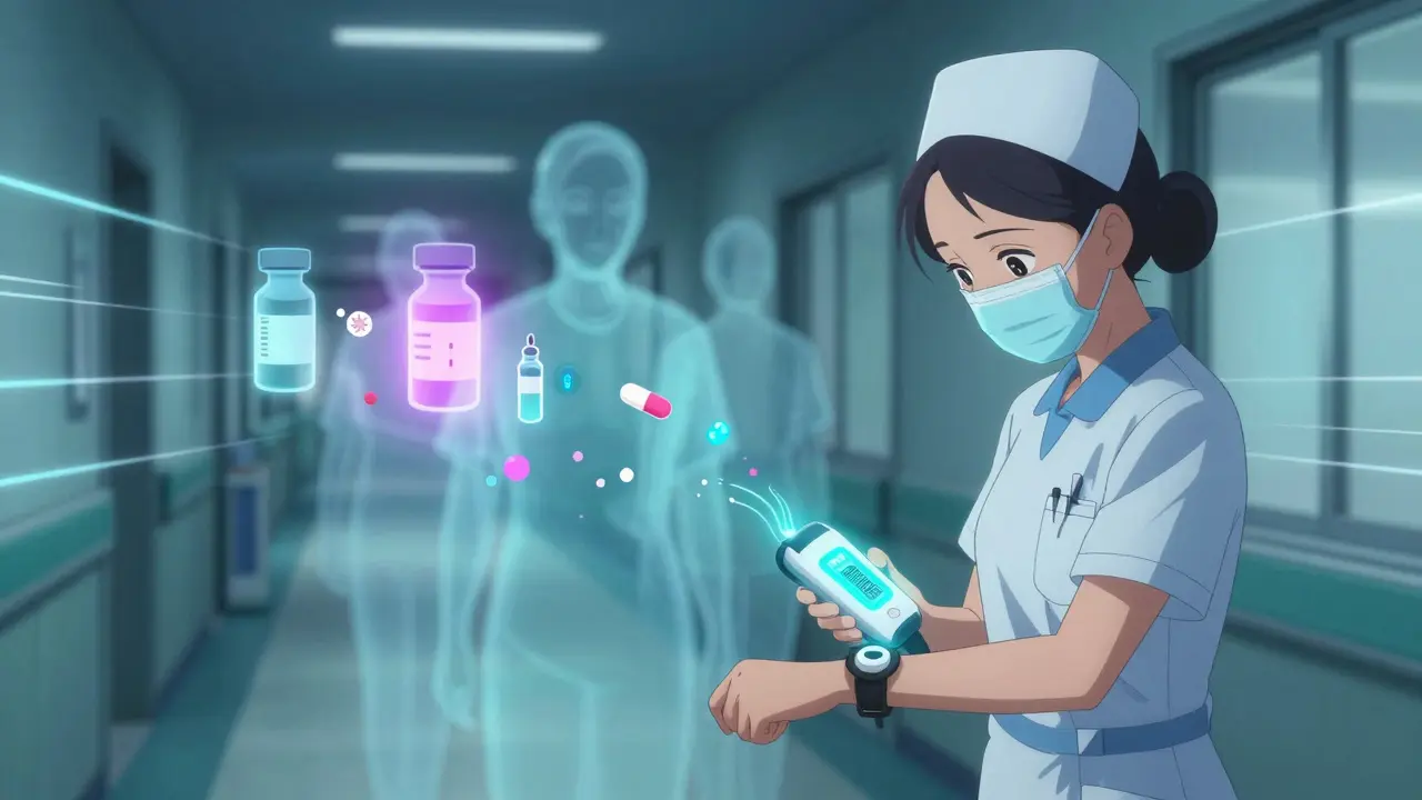 A nurse scanning a patient’s wristband in a hospital with digital error-prevention visuals glowing around them.