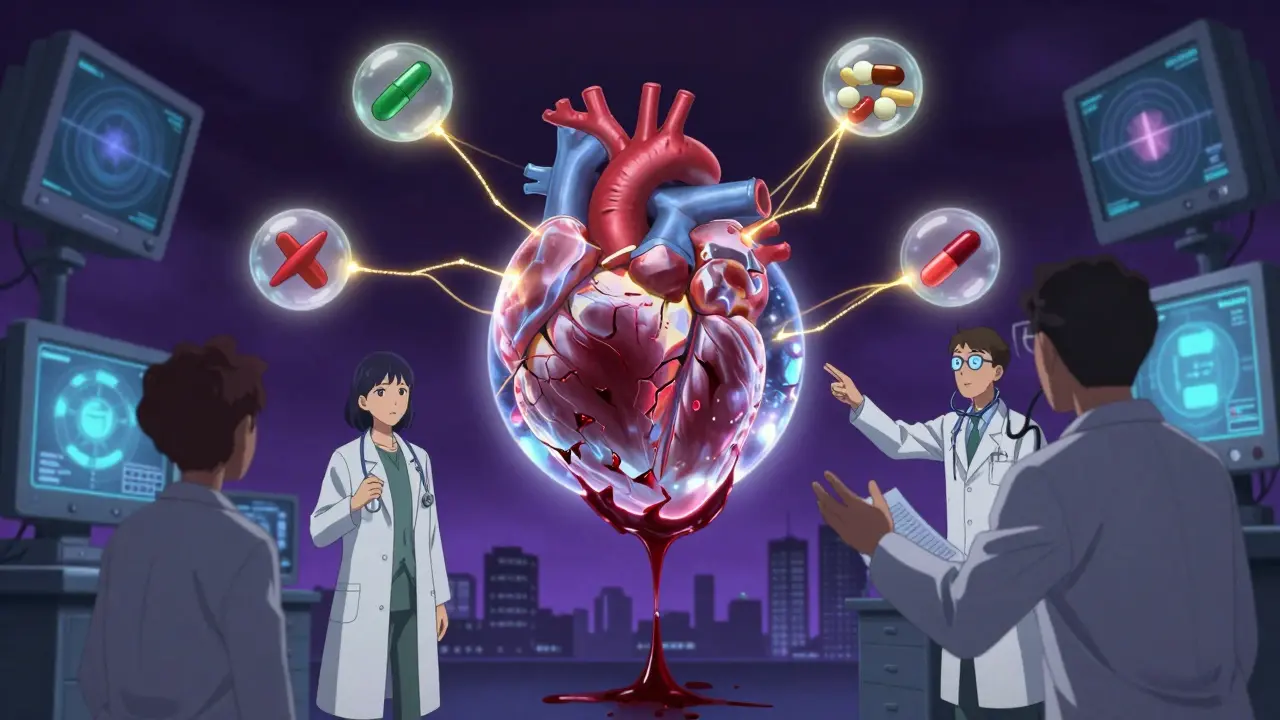 A patient's heart is a fragile crystal orb as drug symbols threaten to shatter it.