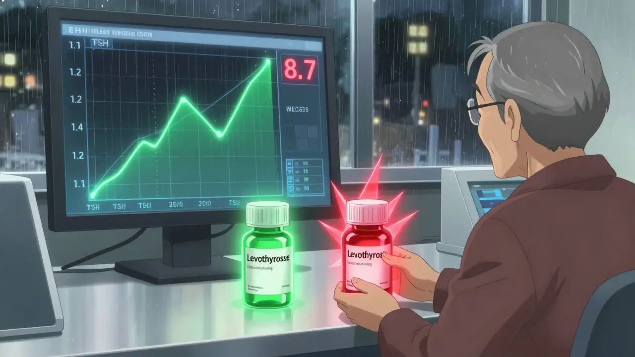 A pharmacist hands two levothyroxine bottles; one glows safely, the other pulses with danger.
