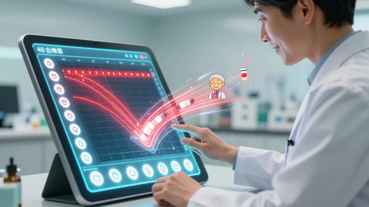 A pharmacist uses a glowing tablet to show an elderly man how his medication schedule has been streamlined into one daily dose.
