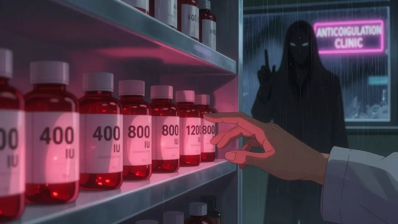 A pharmacy shelf with high-dose vitamin E bottles glowing red, while a doctor watches from shadow, warning of bleeding risk.