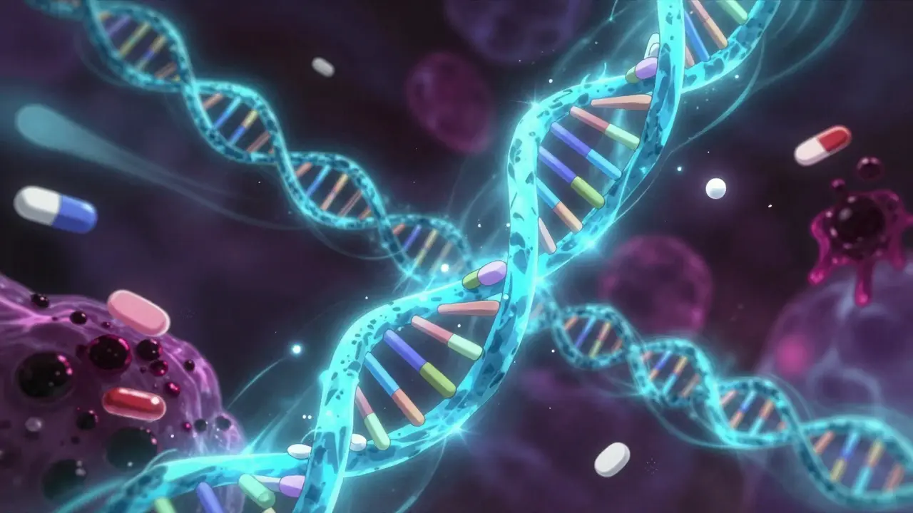 Abstract DNA and enzyme particles visualizing drug metabolism pathways.