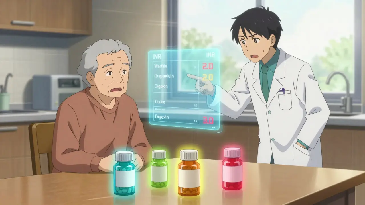 An elderly person with multiple pill bottles and a pharmacist viewing holographic blood level data.