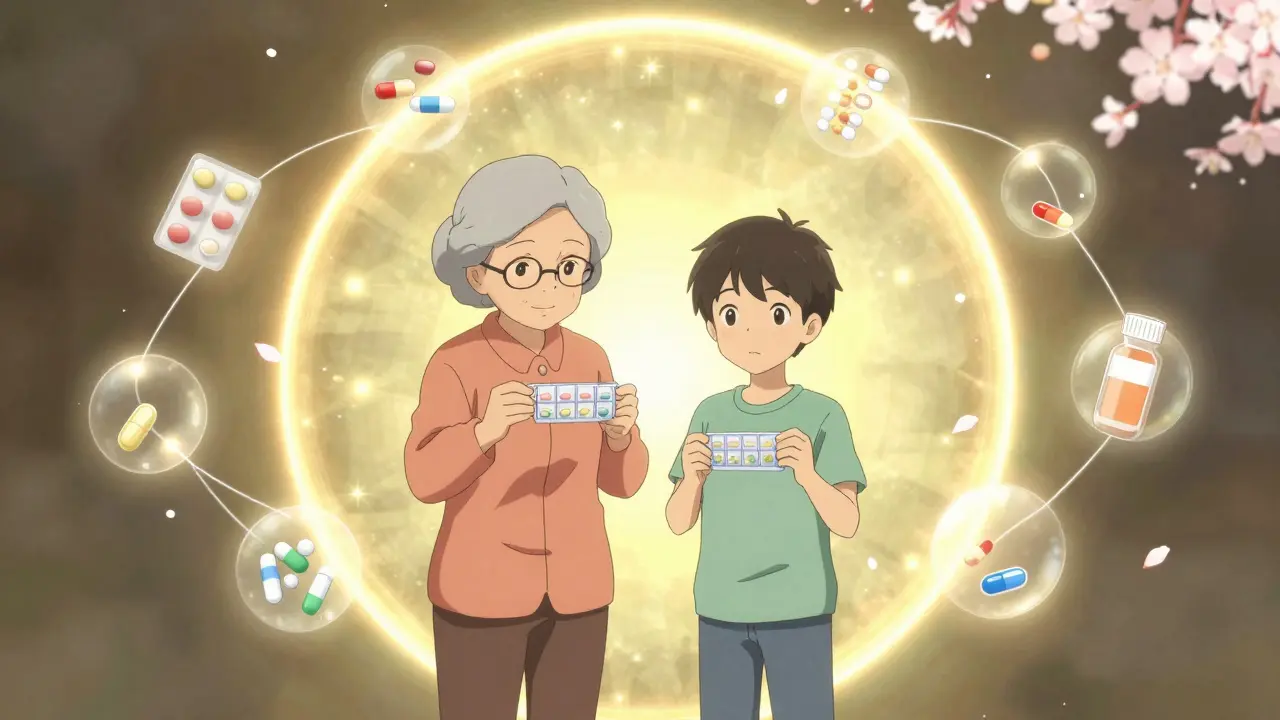 An elderly woman and a teenager holding pill organizers, surrounded by interconnected threads representing medication safety.