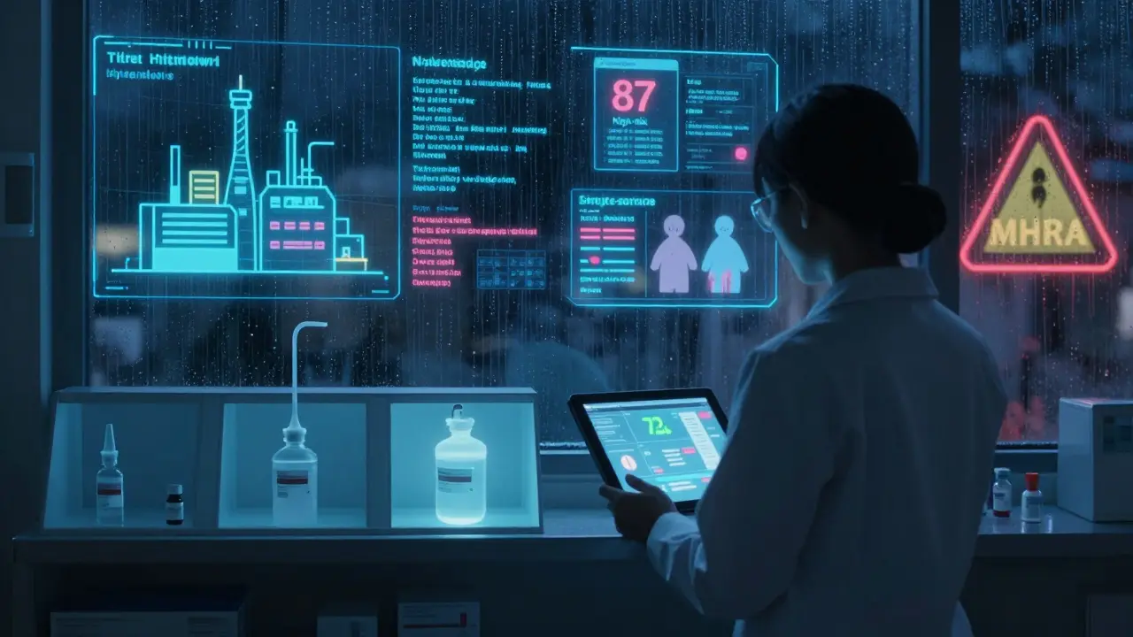 An empty hospital pharmacy shelf at night with holographic data projections of global drug shortage risks.