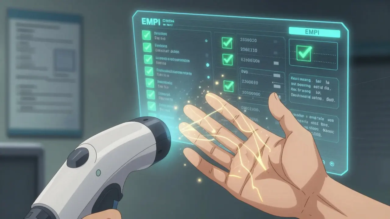 Biometric palm scan activating as holographic medical records unify into a single patient profile.