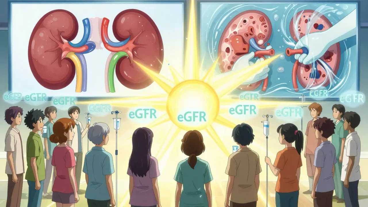 Diverse patients receiving personalized hydration with eGFR values floating above them in a radiant scene.