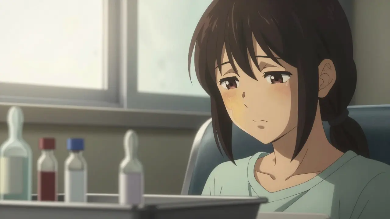 Fatigued patient in clinic with jaundice symptoms and medical vials.