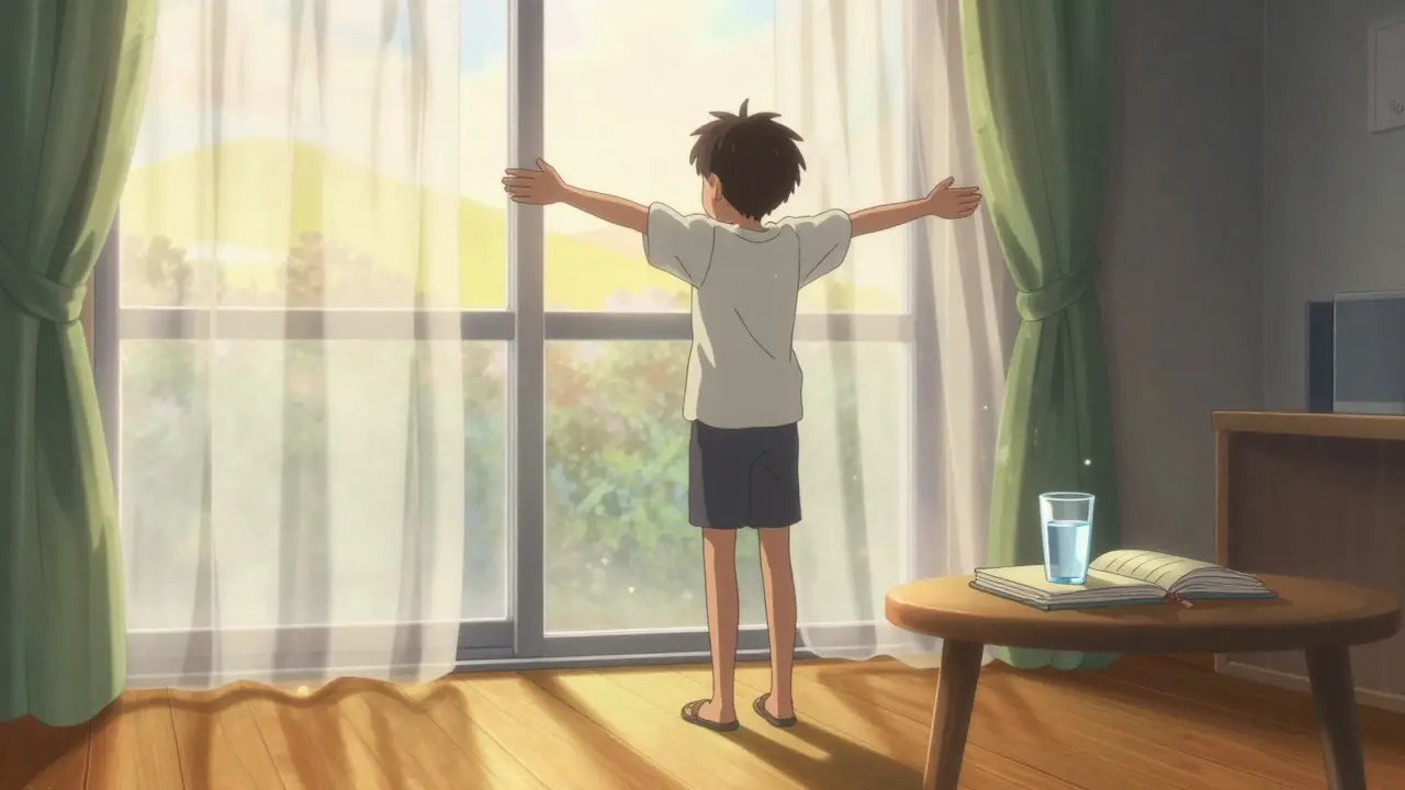 Morning sunbeams in a bedroom where a person wakes refreshed