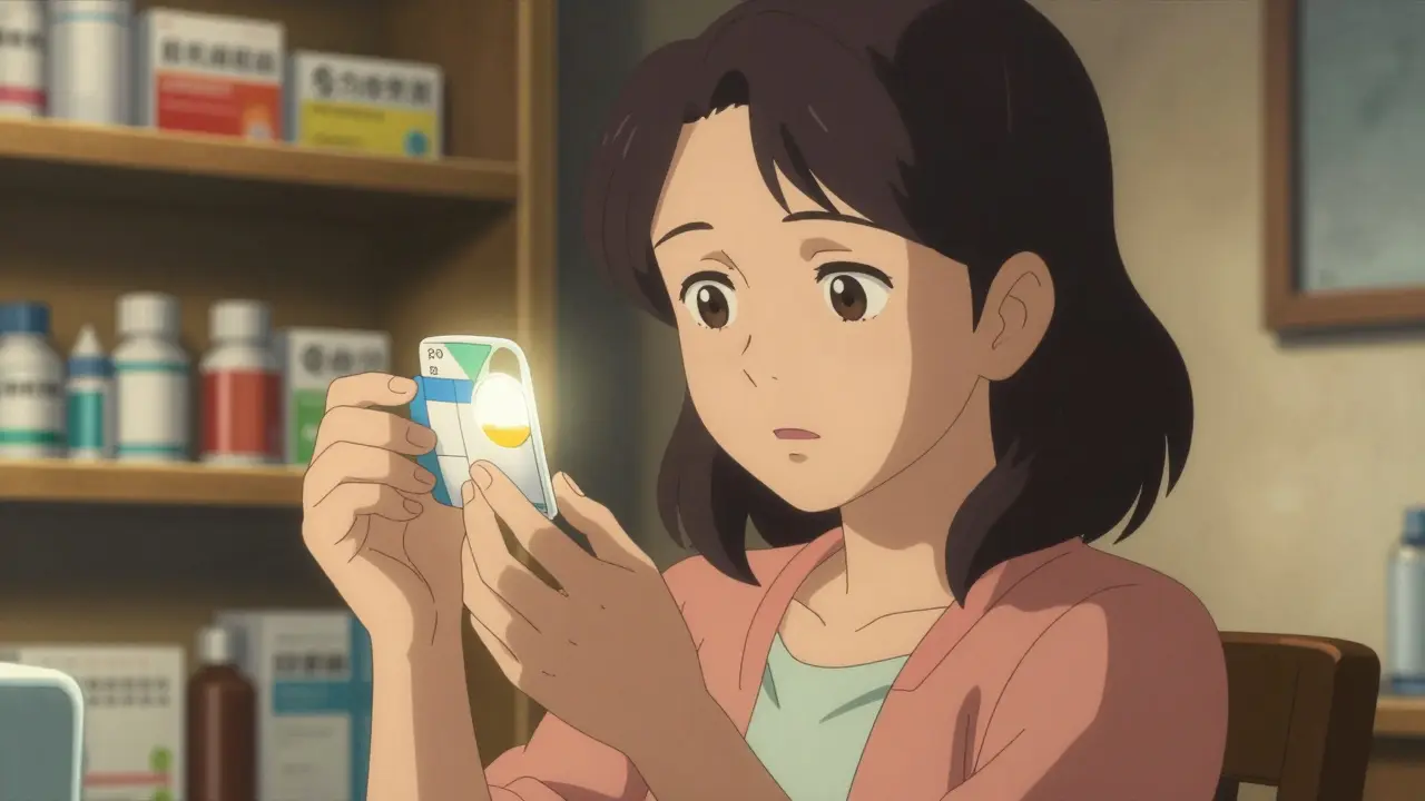 Mother checking medicine label at eye level