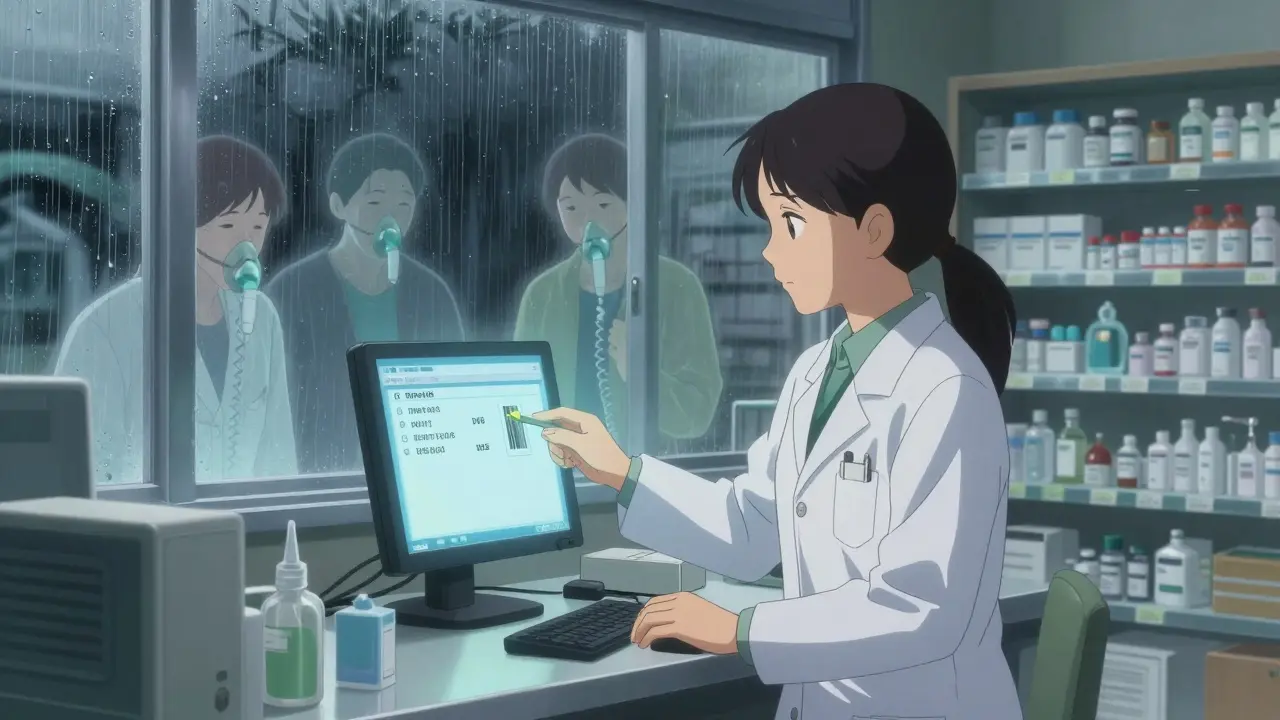 Pharmacist hesitating to skip scanning protocol while ghostly images of medication errors appear behind them.