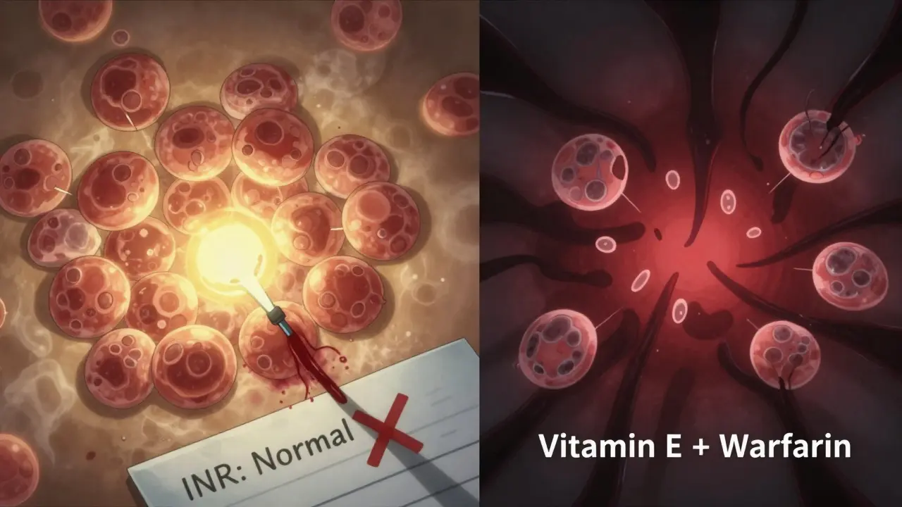 Split illustration showing healthy platelets sealing a wound versus fragmented platelets blocked by a dark force labeled 'Vitamin E + Warfarin'.